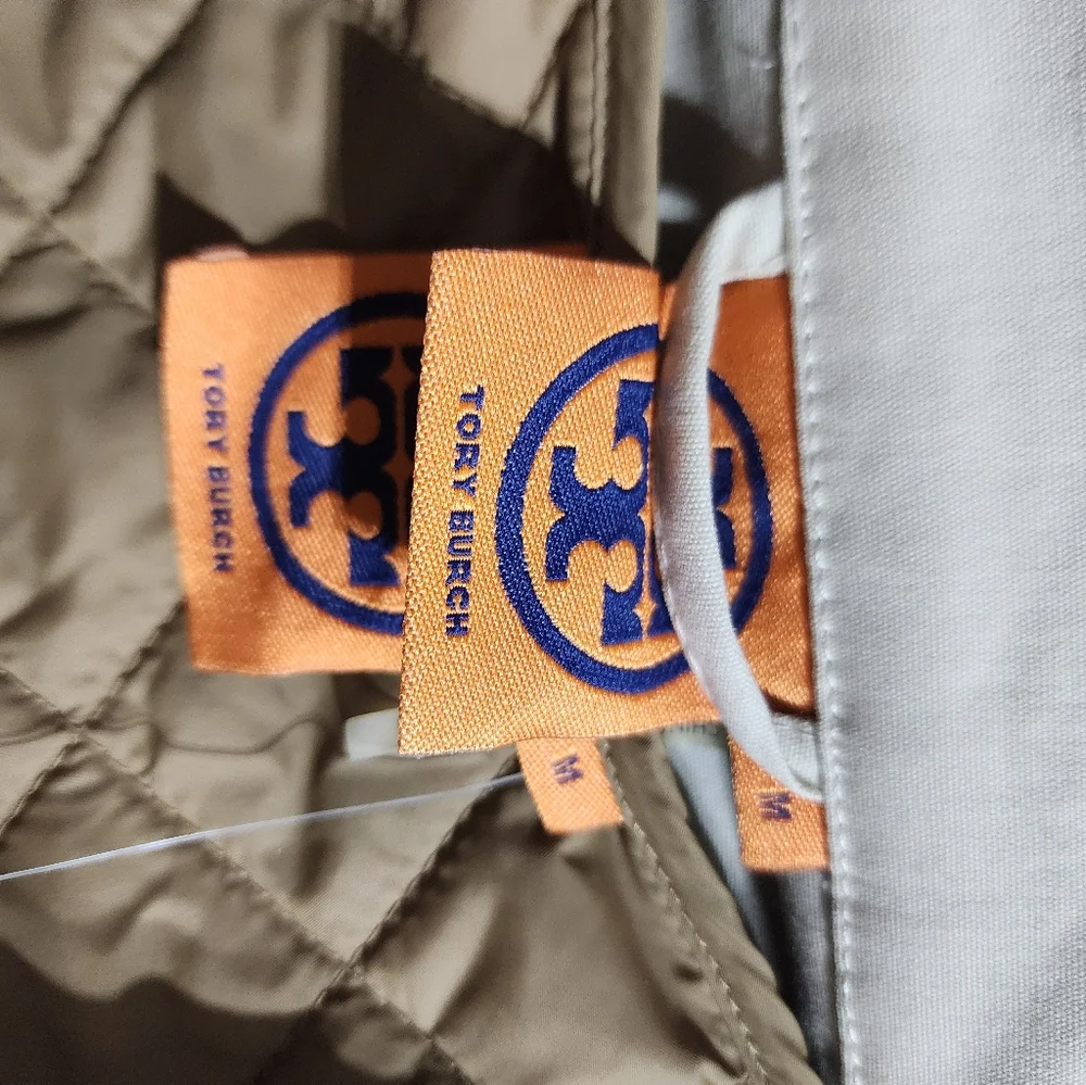 Tory Burch Regina Jacket  Quilted Vest Tan Zip Front Leather Trim M